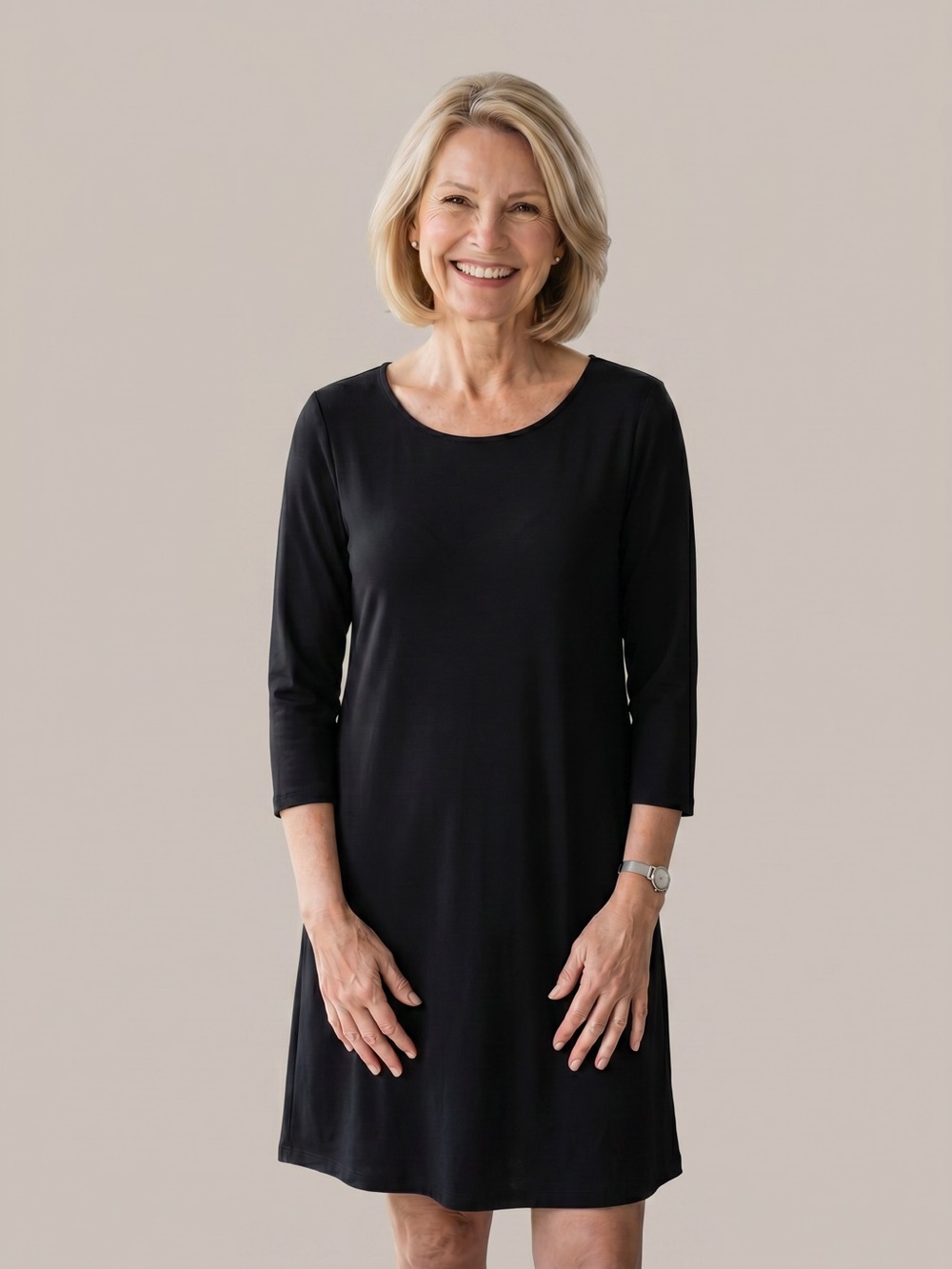 Yelete Black Swing Dress 3/4 Sleeve Scoop Neck Stretch Knit Casual A-Line
